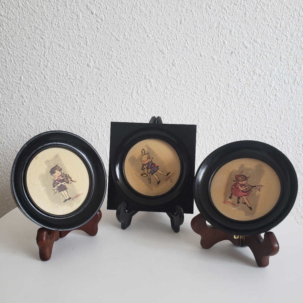 NIXIE AND PEP Wood Framed Art by Lowell 3 Items Kids Playing Music .